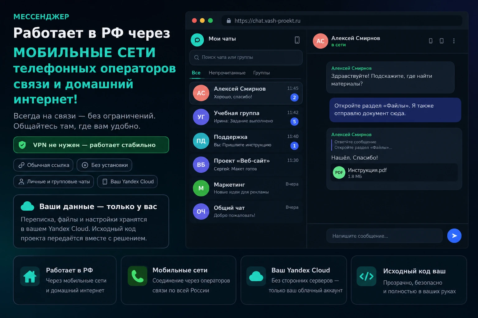 Презентация браузерного чат-мессенджера, работающего через домашний интернет и мобильные сети
