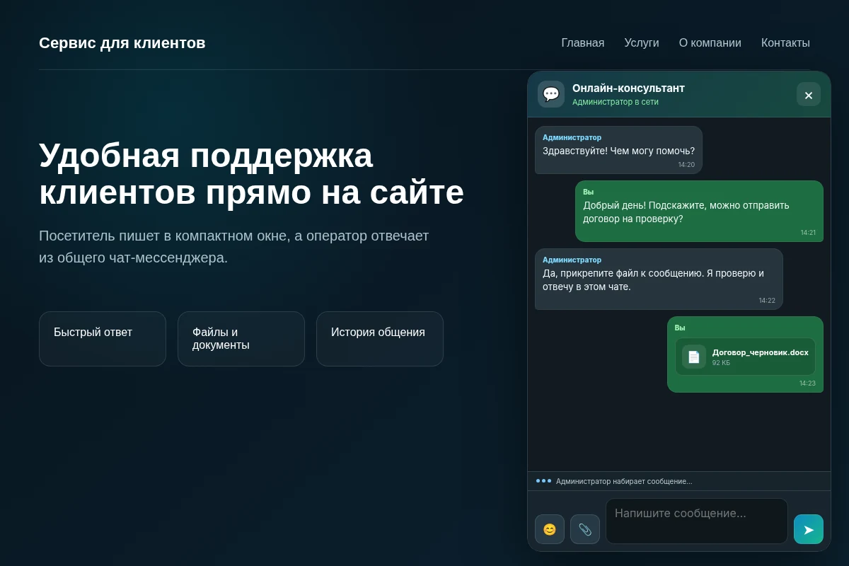 Виджет онлайн-консультанта проекта, открытый на странице сайта